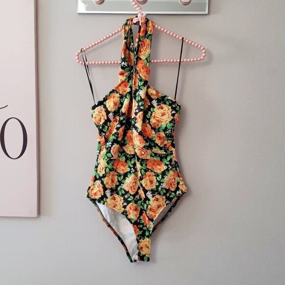 NWOT Zara multicolour floral print crossover, twist halter plunge neck bodysuit - Picture 9 of 10